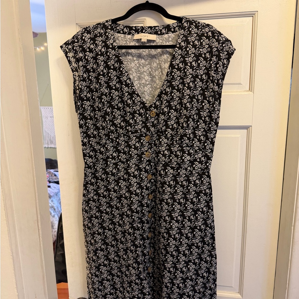 LOFT Black and White Floral Midi Dress